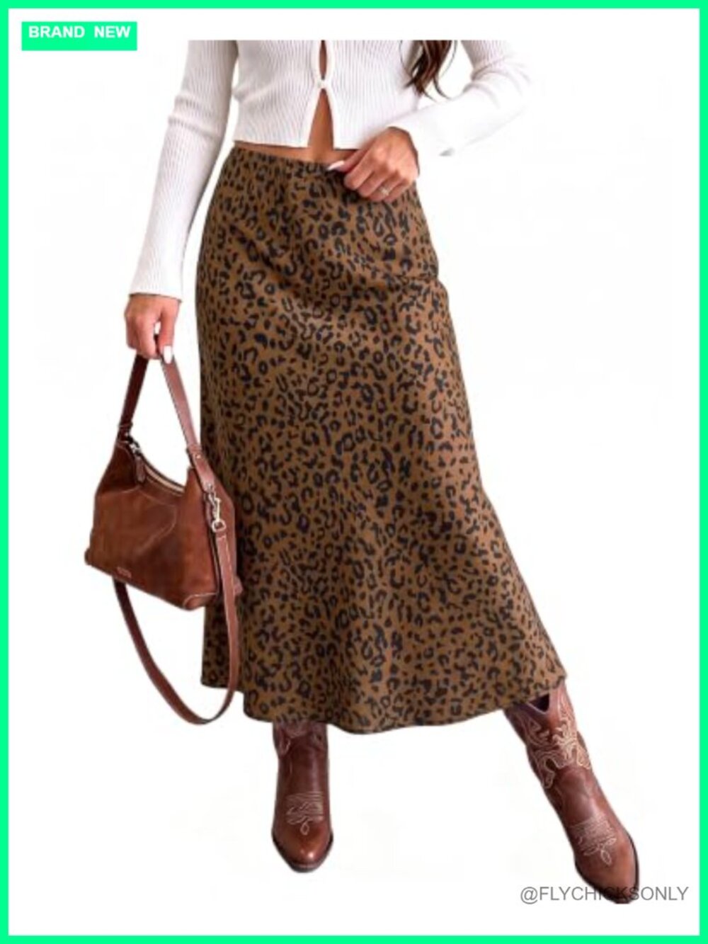 Satin Maxi Skirt Leopard Print Stretchy Elastic Waist Pull On Flowy